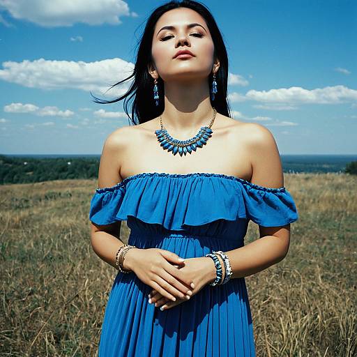 Woman in Blue Goddess-Themed Dress Outdoors