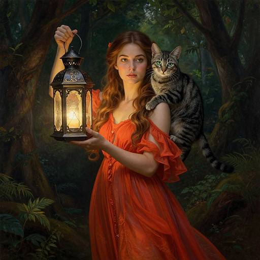 Photorealistic digital artwork of a young woman with long, wavy brown hair in a red, off-shoulder dress holding a lantern, with