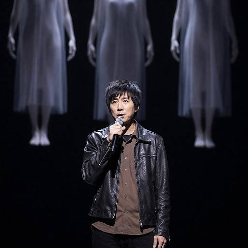Man Singing on Stage with Ghostly Figures