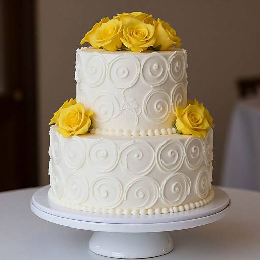 Photograph of a two-tiered white wedding cake with yellow roses on top and bottom, featuring swirl decorations and pearl accents.