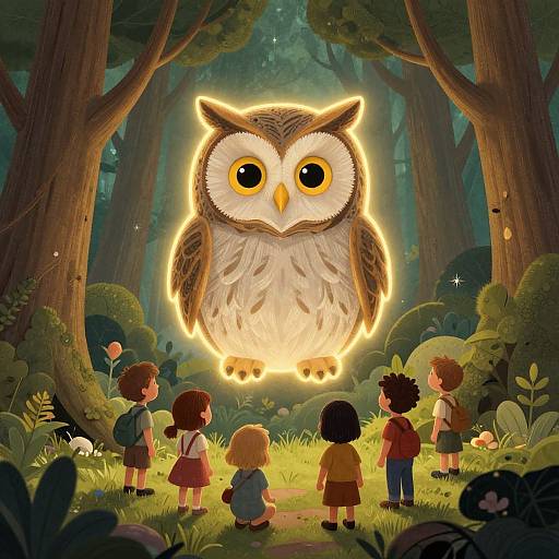 Whimsical digital illustration of six children staring in awe at a glowing, large owl with yellow eyes in a lush forest.
