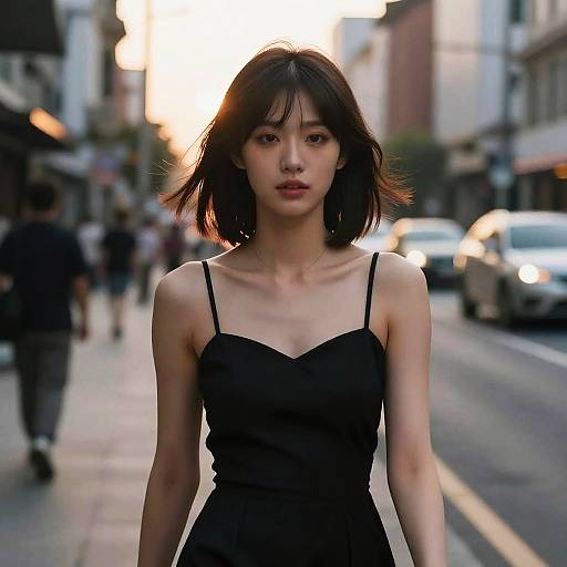 Photograph of an East Asian woman with shoulder-length black hair, wearing a black spaghetti-strap dress, standing on a sunlit urban street at sunset