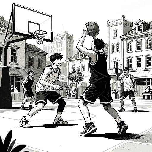 Black-and-white manga-style drawing of five young men playing basketball in an urban street setting, with buildings and a hoop in the background.
