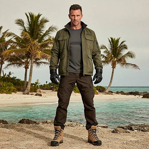 Photograph of a muscular, bearded man in a green jacket, black shirt, black pants, and tan boots standing on a tropical beach with palm