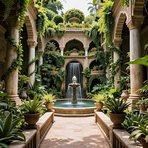 Photograph of an ornate, lush courtyard with an arched, water fountain centerpiece, surrounded by intricate columns, vibrant green plants, and cascading