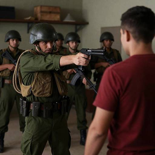 Tense Standoff in Dimly Lit Room