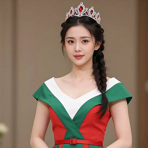 Photograph of an East Asian woman with fair skin, black braided hair, wearing a silver tiara, red and green dress, white V-neck