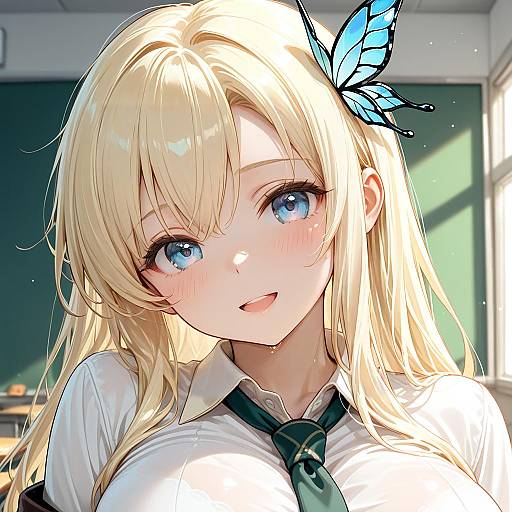 Anime School Girl with Blonde Hair and Butterfly Hair Ornament