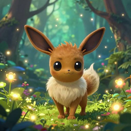 Digital artwork of a cute, fluffy Eevee with large, expressive eyes standing in a magical forest filled with glowing fireflies and colorful flowers.