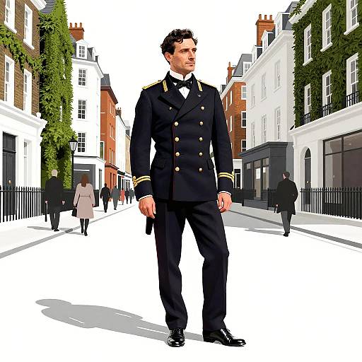 Digital illustration of a handsome, black-haired man in a black double-breasted military-style uniform walking down a charming, urban street with ivy-covered buildings