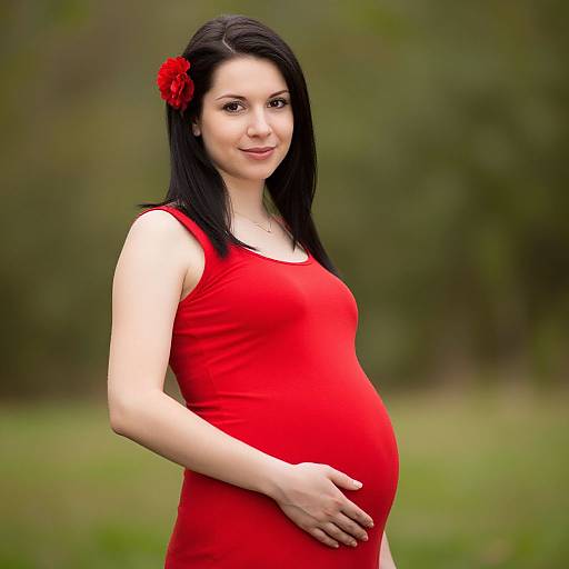 Photograph of a pregnant woman with fair skin, black hair, and red flower, wearing a red sleeveless dress, standing outdoors.