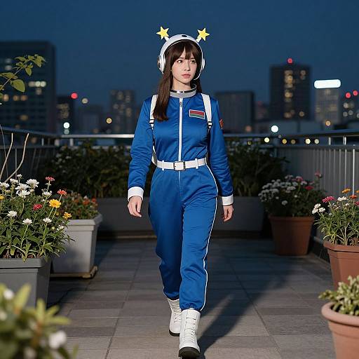 Photograph of an Asian woman in a blue jumpsuit with white accents, white sneakers, and star headband, walking on a rooftop garden at night