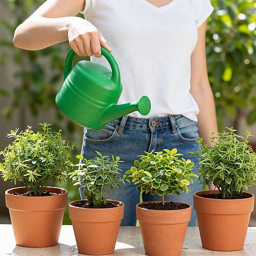 Photograph of a person in a white shirt and blue jeans watering four potted green plants with a green watering can.