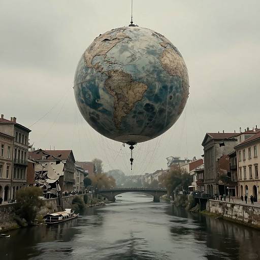 Photograph of a large, detailed globe suspended above a European river city with historic buildings and a cloudy sky.