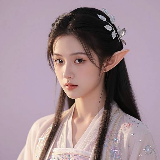 Digital art of an East Asian woman with long black hair, elf-like ears, and pale skin, wearing a white, embroidered kimono with silver hair