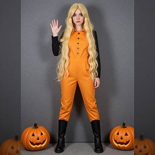 Photograph of a blonde woman with long wavy hair in an orange jumpsuit, black boots, standing against a gray wall, waving, with two