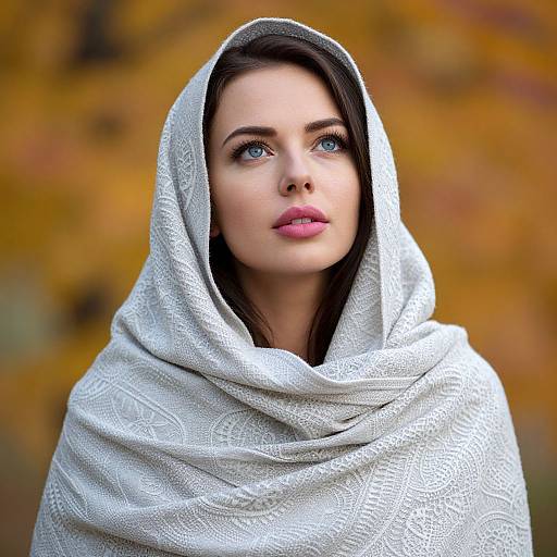 Photograph of a fair-skinned woman with blue eyes, wearing a white, patterned hooded shawl, against a blurred autumnal background.