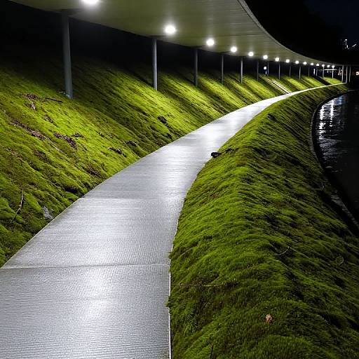 Nighttime photograph of a sleek, illuminated concrete path winding through lush, green moss-covered slopes with overhead lights creating a modern, serene atmosphere.