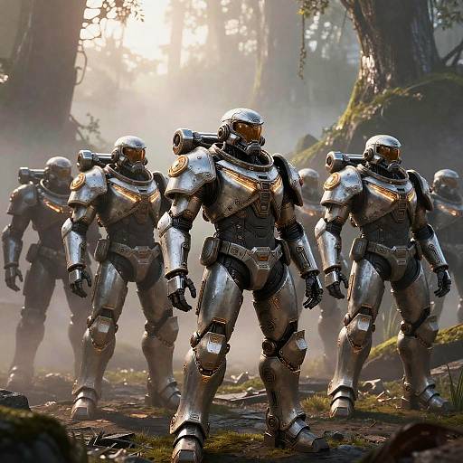Squad of Quarian Warriors in Armor in Alien Forest