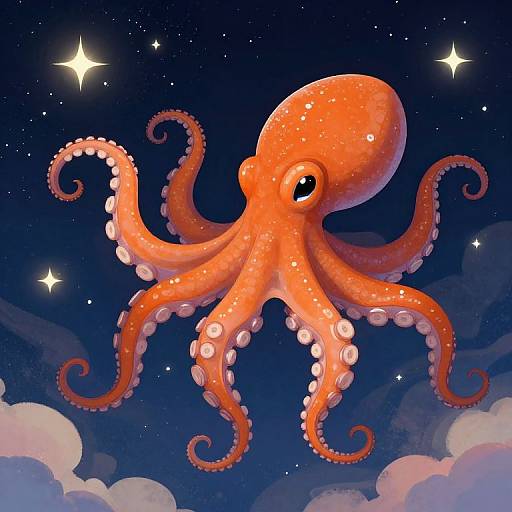 Digital illustration of a bright orange, cartoon-style octopus with white suction cups floating in a starlit, dark blue night sky above fluffy clouds.