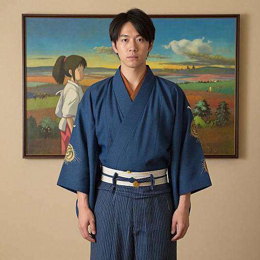 Photograph of an Asian man in a navy blue kimono with white belt, standing in front of a colorful landscape painting.