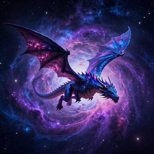 Digital art of a glowing blue and purple dragon with translucent wings, soaring through a swirling cosmic nebula.