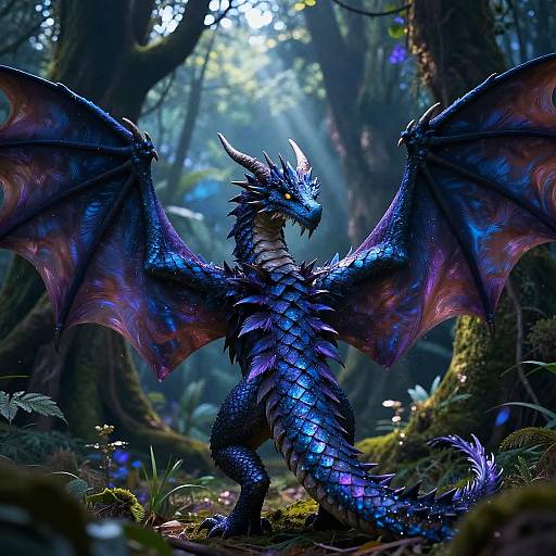 Digital artwork of a vibrant blue and purple dragon with iridescent scales and large wings, standing in a mystical forest. Sunlight filters through trees,