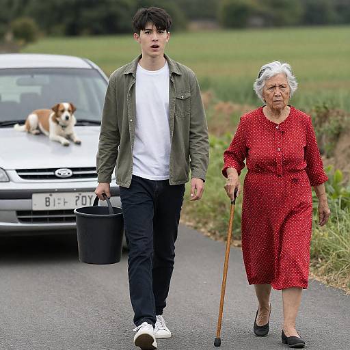 Young Man and Elderly Woman Walking on Country Road