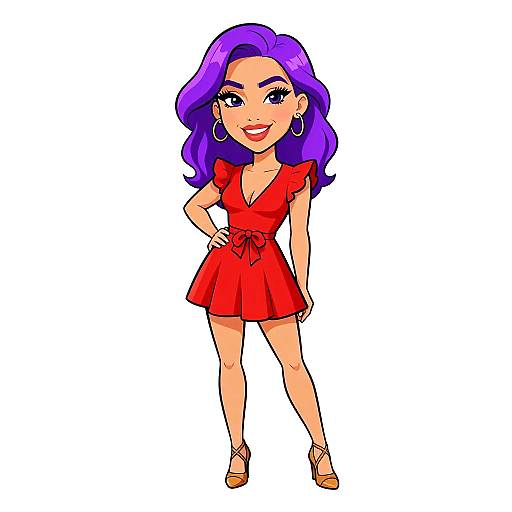 Cartoon-style drawing of a smiling woman with purple hair, wearing a red dress, hoop earrings, and brown sandals, standing confidently.
