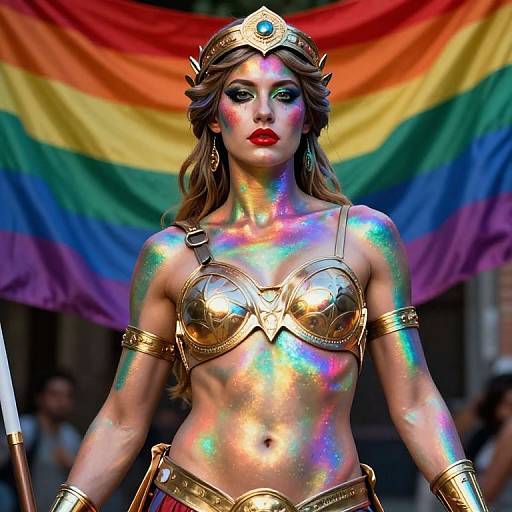 Digital artwork of a radiant woman with glowing skin, wearing a golden armor bikini and crown, holding a sword, against a rainbow pride flag background.