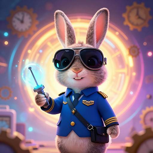 CGI illustration of a cute, anthropomorphic rabbit in a blue police uniform, wearing oversized sunglasses, holding a glowing flashlight, with a bright, gear