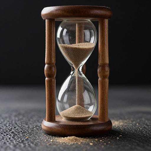 Photograph of a wooden hourglass with clear glass bulbs, showing sand in the top bulb, dark background, and scattered sand on a textured black surface