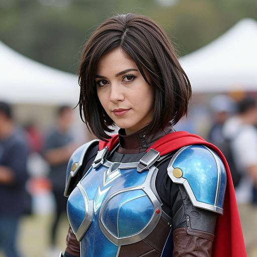 Photograph of a young woman with short black hair in silver armor and a red cape, standing outdoors among blurred people. She has a serious expression,
