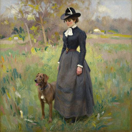 Impressionist painting of a Victorian woman in black dress and hat standing in a grassy field with a brown dog.