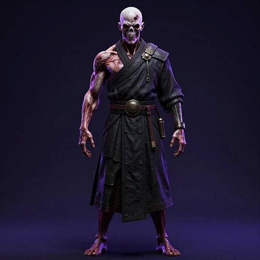 CGI image of a bald, muscular, undead warrior with a skeletal face, wearing a dark, tattered, ancient-style robe, against a purple