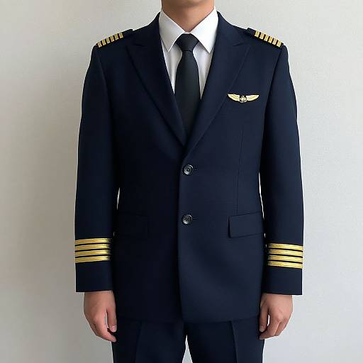 Photograph of a man in a dark navy pilot uniform with gold stripes, white shirt, black tie, and pilot badge, standing against a plain white