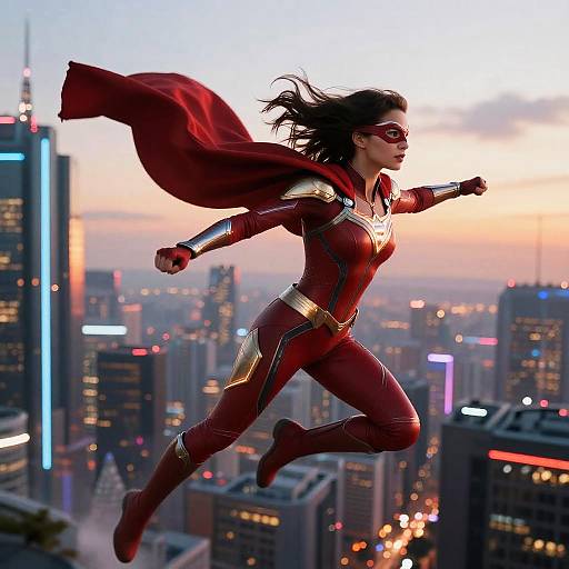 Photorealistic CGI of a superhero woman in red and gold costume, with flowing cape, flying over a glowing cityscape at sunset.