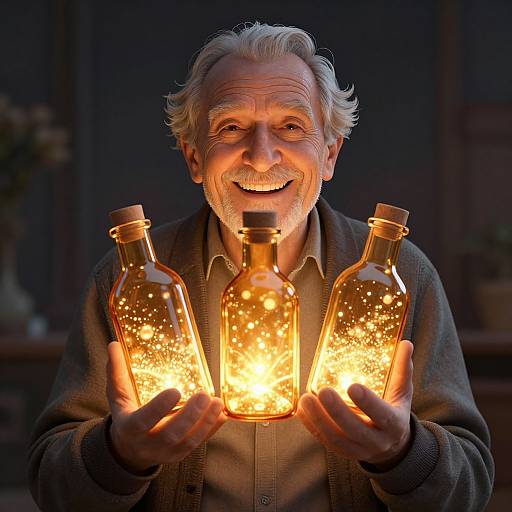 Photograph of an elderly man with white hair and beard, smiling, holding three glowing amber glass bottles emitting bright light.