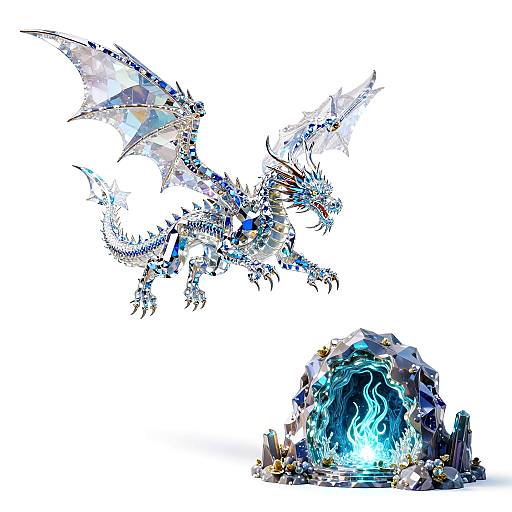 Digital artwork of a silver and blue dragon soaring above a glowing, blue, flame-encrusted rock, with intricate, metallic textures.