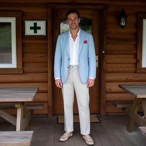 Photograph of a smiling man in light blue blazer, white shirt, and white pants, standing in front of a wooden cabin.