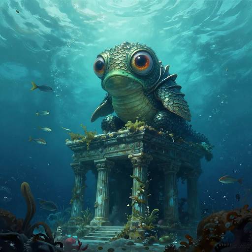 Digital artwork: Giant fish with large orange eyes, scales, and fins sits atop an ancient, underwater ruin surrounded by colorful marine life and sunlight filtering through