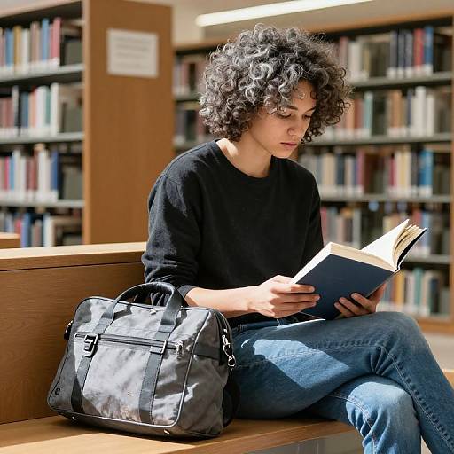 Photograph of a curly-haired young woman with light brown skin, wearing a black sweater and jeans, reading a book in a library, with a black