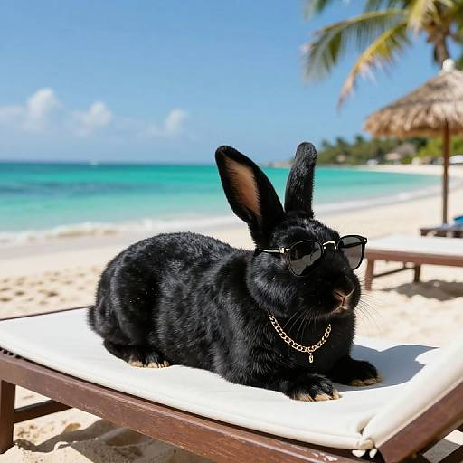 Photograph of a black rabbit with sunglasses and a chain necklace lounging on a white-cushioned beach chair, tropical beach background.