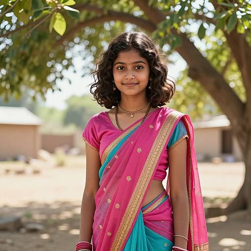Photograph of a young South Asian woman with dark curly hair, wearing a pink and blue sari with gold trim, standing under a tree in a