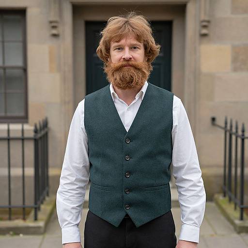 Photograph of a middle-aged man with a full red beard and wavy brown hair, wearing a dark green vest over a white shirt, standing in