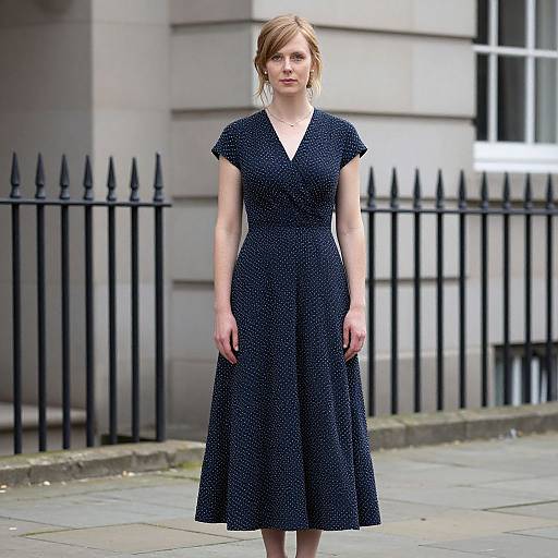 Photograph of a fair-skinned, red-haired woman in a black, short-sleeved, V-neck, knee-length dress standing on a city