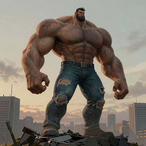 Digital artwork: Super muscular, shirtless giant with tattered jeans and beard, standing on city rubble at sunset, towering over skyscrapers.