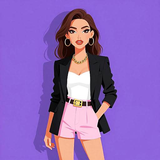 Digital illustration of a stylish woman with long brown hair, wearing a black blazer, white top, pink shorts, gold necklace, and hoop earrings,