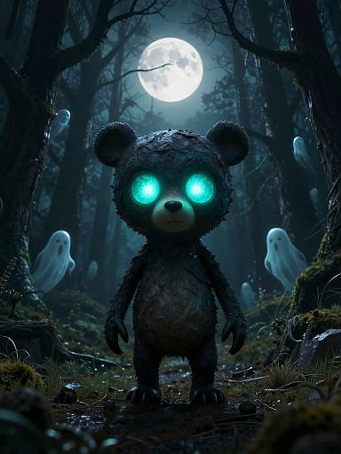 Digital illustration of a glowing-eyed, dark-furred teddy bear in a moonlit, haunted forest with ghostly figures and eerie mist.