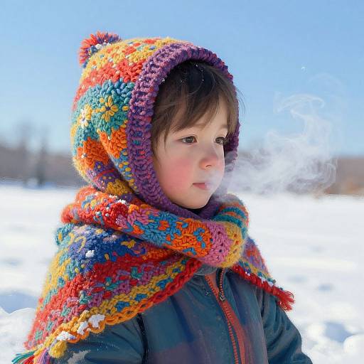 Photograph of a young child with fair skin, brown hair, wearing a colorful, knitted hat and scarf, breathing visible steam, in a snowy